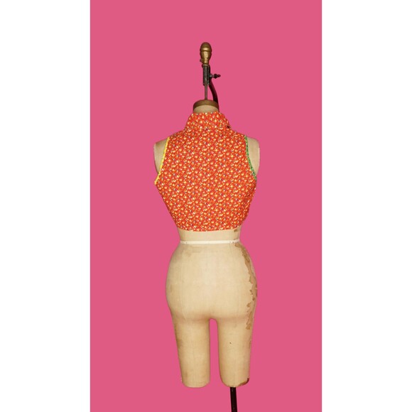 1960s-1970s SEARS JR. BAZAAR Split Color Block. Floral Crop Top W/Front Tie S-M - Picture 3 of 8